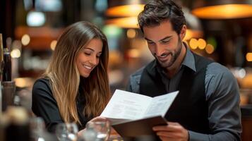 Restaurant Manager Reviewing Menu Customer Cozy Setting photo