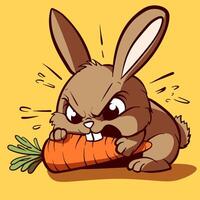 Angry bunny devouring a carrot. Cute and mad rabbit with beige fur eating a vegetable. vector