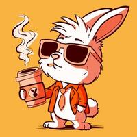 Cute and cool rabbit with sunglasses and office suit wearing a tie. Hipster bunny standing with a coffee cup in its hands. vector