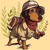 A dachshund wearing safari clothes, scarf and cap travelling. Beagle dog with backpack on vacation. vector