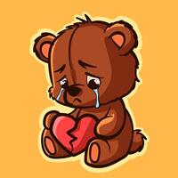 Sad teddy bear crying and holding a broken heart. vector