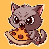 Vicious and hungry cat devouring a slice of pizza. Angry and cute kitty eating a pizza with pepperoni. vector
