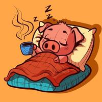 Quirky tired and sleepy pig sleeping on a mattress with a coffee on his hoofs. Snoring piggy in the morning under striped blanket. vector
