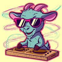 Cool DJ goat partying and mixing the disk. Farm animal working at a club as an audio engineer. vector