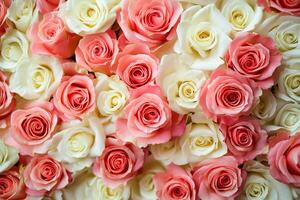 Close-up of pink and white roses in full bloom creating a vibrant floral background. Top view photo