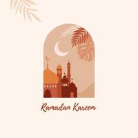 ramadan kareem greeting card with mosque and palm vector