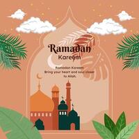 ramadan kareem greeting card with mosque and palm leaves vector