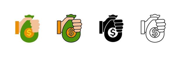 Four hands holding money bags with dollar signs in various styles and color schemes vector