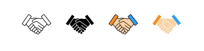 Various styles of a handshake icon in different colors and outlines vector