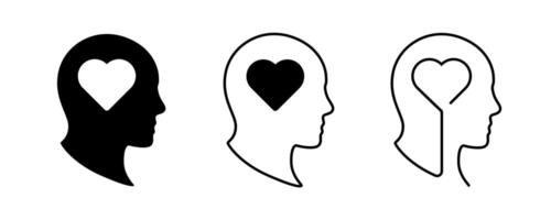 Three head silhouettes with heart icons reflecting emotion and thought in design vector
