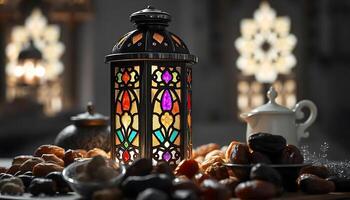 Ramadan Kareem colorful lantern and dates fruit with soft dark background photo