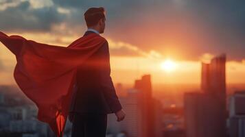 Businessman in a suit standing on top of a building with a red cape photo