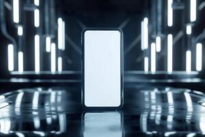 An empty white phone on a table in a dark room photo