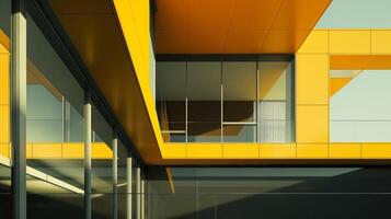 A yellow building with a glass wall and a window photo