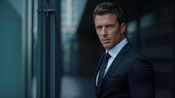 A man in a suit and tie standing in front of a building photo