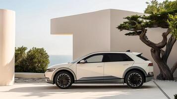 The audi e - tron concept is parked in front of a white building photo