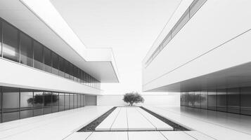 Black and white photo of a courtyard in a modern building