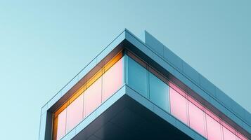 A building with a colorful window and a blue sky photo