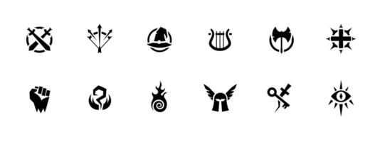 Unique black icon set featuring symbols like arrows, wings, keys, and music elements vector