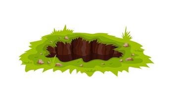 Large dark pit in green grass with stones and blades of grass around the edge vector