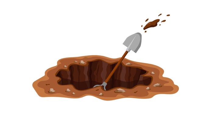 Shovel stuck in muddy ground symbolizing dig work and challenges in earth-based tasks