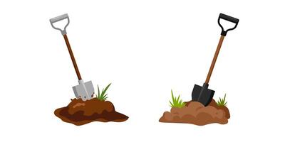 Two shovels in soil with grass and dirt showing gardening and outdoor activity vector