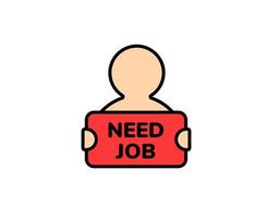Person holding job search sign showing the message need job in simple cartoon drawing vector