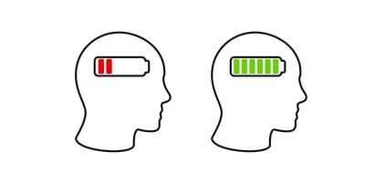 Comparing energy levels. low and high battery in human outline illustrations vector