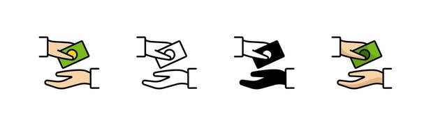 Icon set depicting hand holding banknote in various styles and colors vector