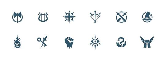 Twelve unique fantasy icons featuring weapons, symbols, and mystical elements for creative projects vector