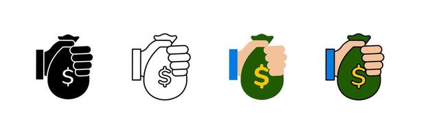 Various styles of a hand holding a money bag with dollar sign in different colors and outlines vector