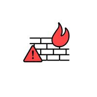 Firewall icon with fire symbol and warning sign representing cybersecurity and network protection vector