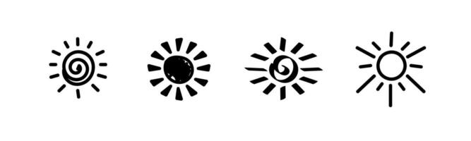 Four unique black sun icon designs with white background for graphic projects vector