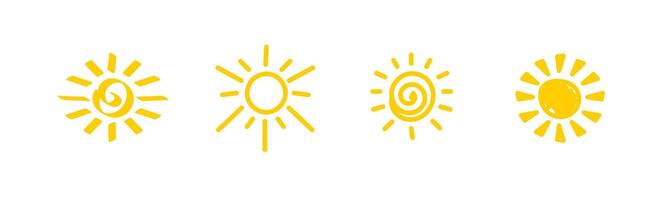 Four unique yellow sun symbols illustrated with simple creative shapes and patterns vector