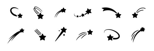 Collection of black shooting star icons with different shapes and dynamic trailing effects vector