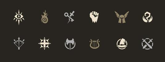 Collection of twelve unique fantasy symbols with eye winged key and lyre designs vector