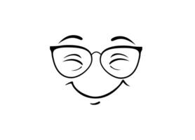 Minimalist smiling face with glasses and closed eyes in simple black line vector