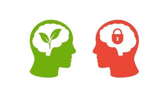 Green head with plant and red head with lock symbolizing thoughts and security concepts vector