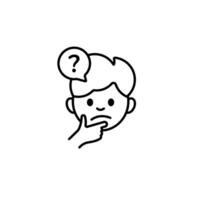 Thoughtful boy with question icon depicting uncertainty and curiosity in simple line art style vector