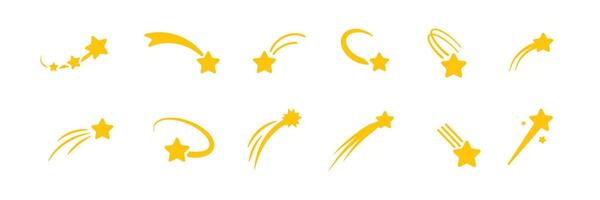 Bright yellow shooting star icons in various shapes on a clear background vector