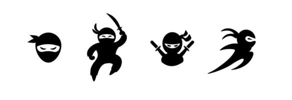 Four ninja icons displaying different styles and poses in simple black silhouettes vector