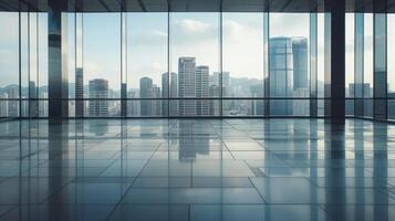 A large empty room with a view of the city photo