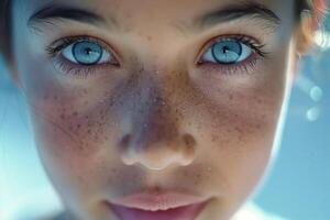 A close up of a young woman with freckles on her face photo