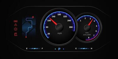 Digital car dashboard with speedometer and tachometer displaying vehicle information vector