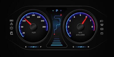Car dashboard with speedometer and navigation on digital display for accurate vehicle monitoring vector