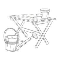 Watering can, folding wooden table, and planting tools. hand-drawn graphic illustration. For gardening, spring decor, and rustic home settings. Ideal for coloring pages, wrapping, signs, card vector