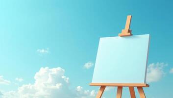 Easel with light blue blank canvas on blue sky and clouds background. photo