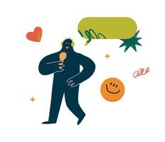 A cheerful rounded character sings into a microphone. He is surrounded by a speech bubble, a heart, doodles and a smiling circle. A symbol of pleasant leisure time. vector