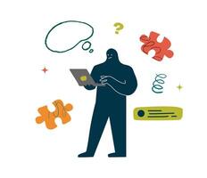 A rounded character holds a laptop in his hands. It is surrounded by puzzle pieces, speech bubble and doodles. This is a metaphor for work, freelancing, and workload. vector