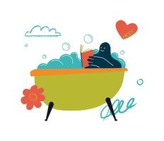 A relaxed rounded character lies in the bathroom and reads a book. It is surrounded by hearts, clouds and bubbles. A symbol of pleasant leisure and self-care. vector